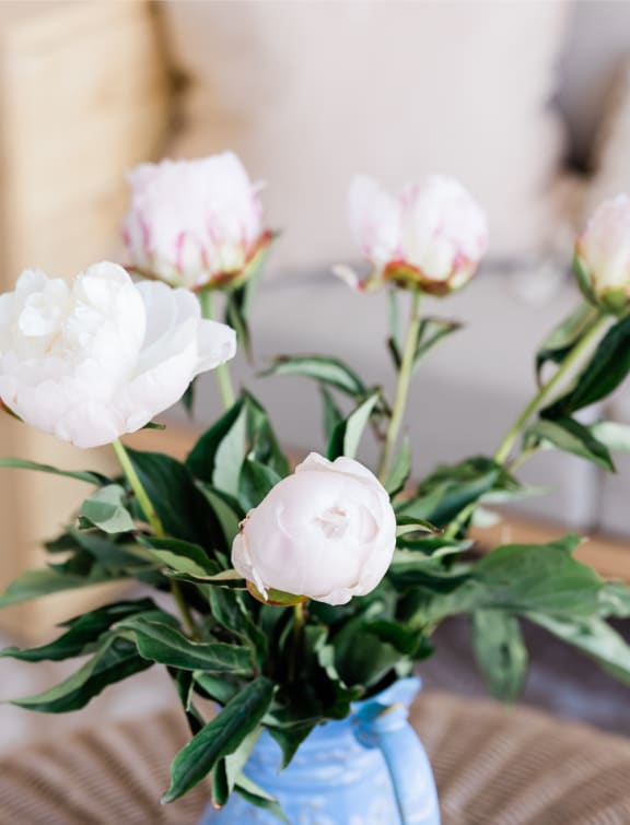 a blue vase filled with white flowers on a table