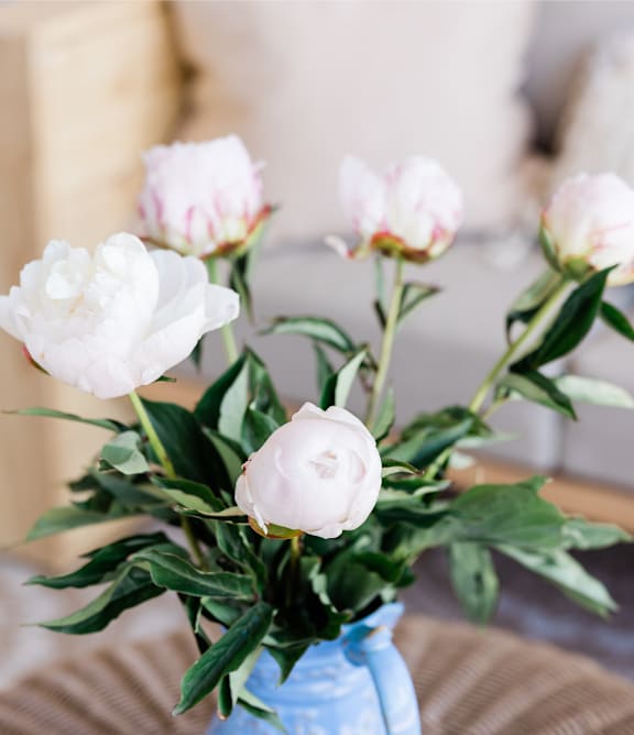 A bouquet of white flowers in a blue vase.