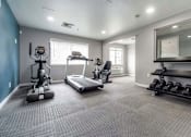 Thumbnail 3 of 8 - A spacious home gym with a variety of equipment including a treadmill, weights, and a bench press.