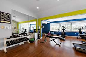A state-of-the-art fitness center with free weights, weight lifting benches, cardio machines, hardwood-style flooring, recessed lighting, and large windows.