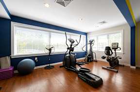 Cardio machines, a gym ball, and a fan at our state-of-the-art fitness center with many large windows and plenty of light.