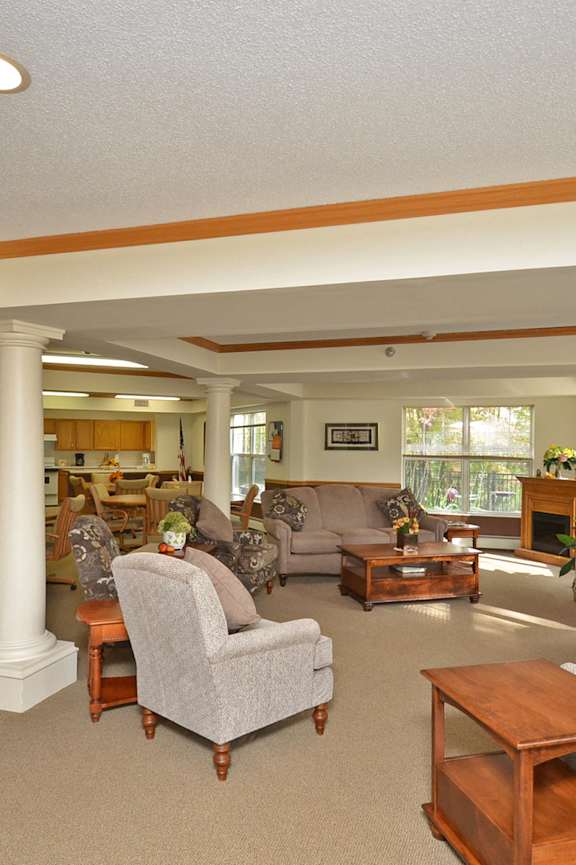 A living room with a large tree in the corner.