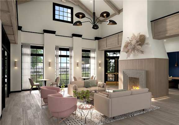 A modern living room with a fireplace and a large window.