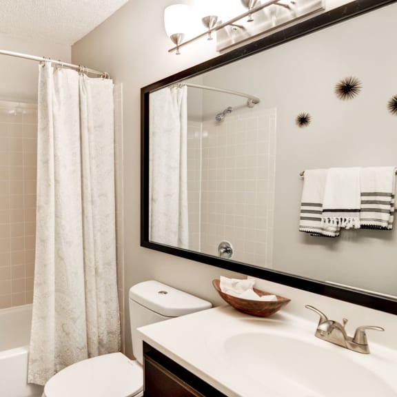 a bathroom with a shower toilet and sink and a mirror at Hamilton at Kings Place, Columbia, MD 21046