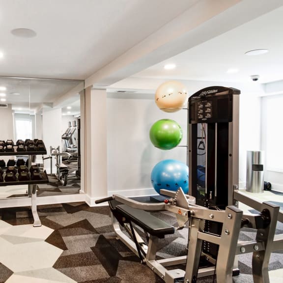 a gym with a row of exercise machines and a blue ballat Hamilton at Kings Place, Columbia, 21046