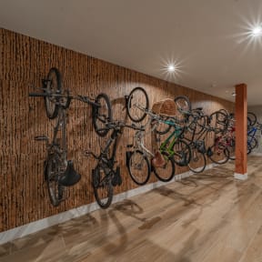 a row of bikes hanging on a wall in a hallway at Preston Ridge, Hickory North Carolina