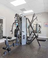 A well-equipped home gym with a variety of exercise machines.