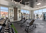 Thumbnail 20 of 42 - A gym with a row of benches and a row of dumbbells. 605 Place Student Housing & Co-Living, St George, 84770