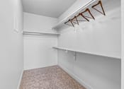 Thumbnail 23 of 26 - A white closet with a carpeted floor and a white shelf.