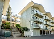 Thumbnail 7 of 8 - A modern apartment building with a green tree in front.