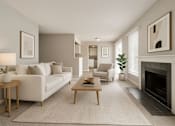 Thumbnail 6 of 8 - A living room with a white couch, a coffee table, and a fireplace.