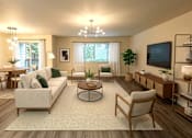 Thumbnail 1 of 8 - A living room with a white sofa, a wooden chair, a coffee table, and a flat-screen TV mounted on the wall.