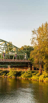 A green bridge over a river with trees on the left.
