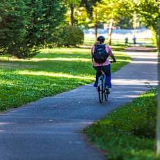 A person riding a bicycle on a paved path in a park.