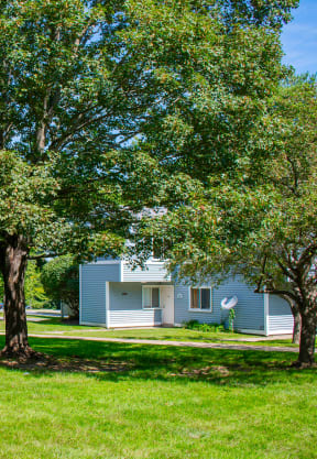 a grassy area with trees and a house in the background