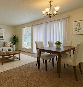 A well-lit living room with a grey couch, a wooden coffee table, and a dining table with chairs.