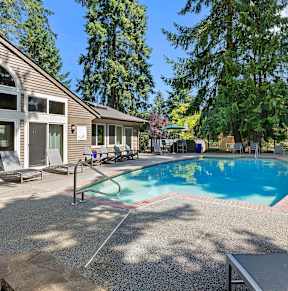 A pool surrounded by trees and a building with a patio.
