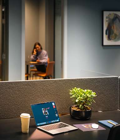 A laptop is open on a desk with a plant and a cup of coffee.