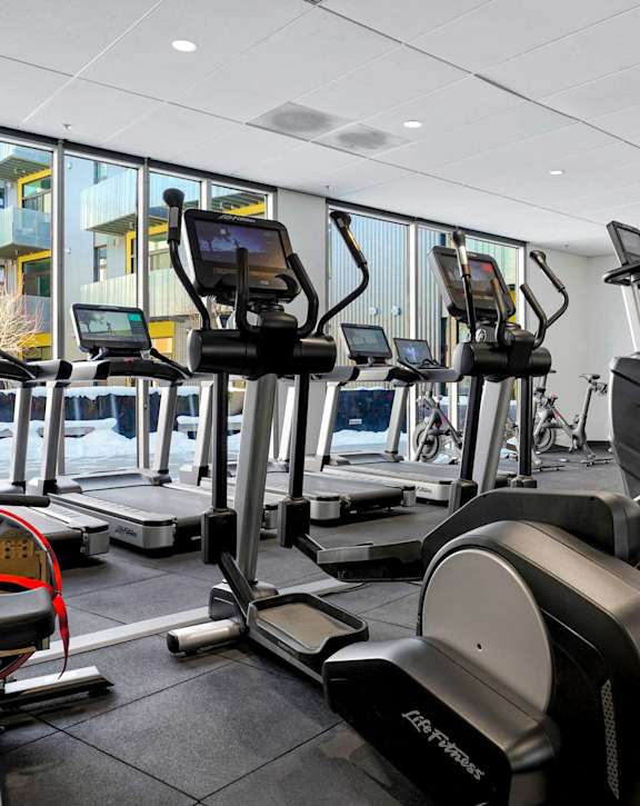 a gym with weights and cardio equipment on the floor and glass walls