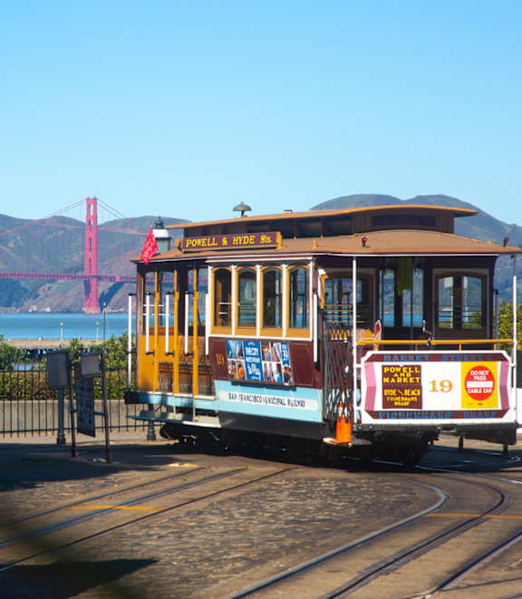 a view of the golden gate bridge from the san francisco cable cars