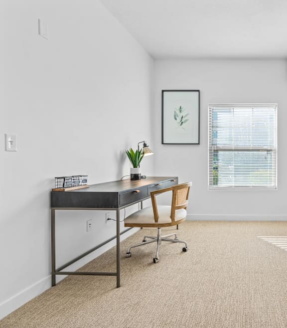 A room with a desk, chair, and shelving unit.