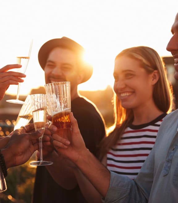a group of people toasting with glasses of wine