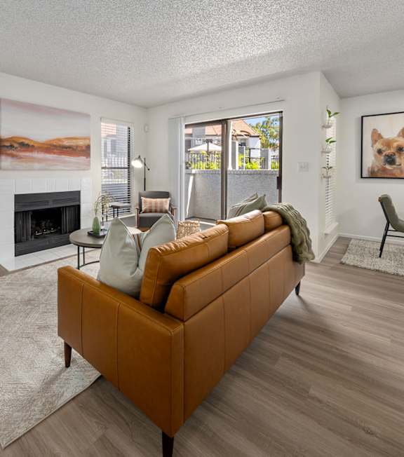 Furnished living room with modern decor at Serafina at South Mountain apartments in Ahwatukee, AZ.