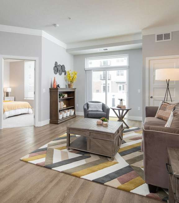 A modern living room with a grey couch, a coffee table, and a striped rug. at The Edison at Rice Creek I and II, Shoreview, MN, 55126
