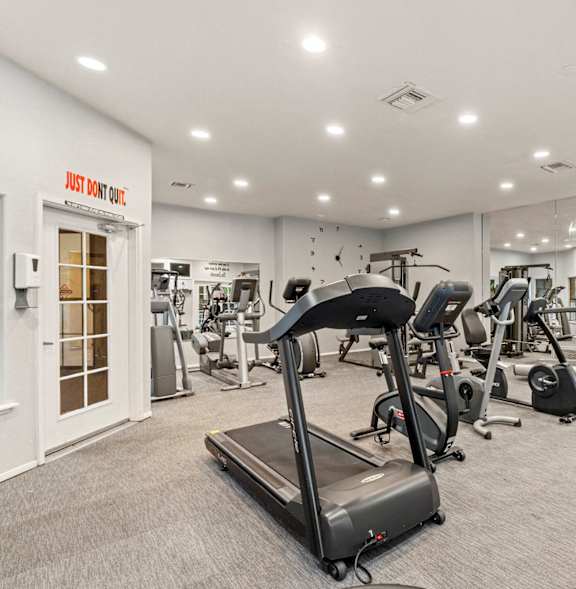 A gym with treadmills, a bench, and a weight machine.