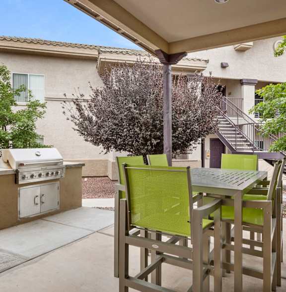 A BBQ grill is in the foreground of a residential area with palm trees.