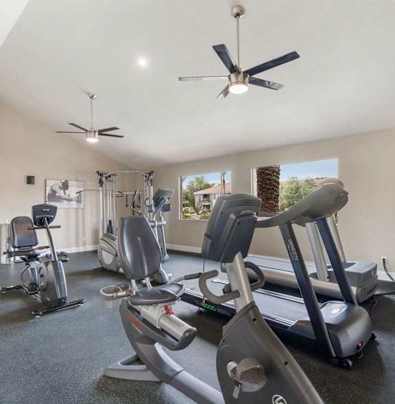 A gym with treadmills, a bench, and a weight machine.