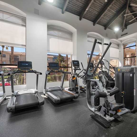 A gym with treadmills, exercise bikes, and other equipment.