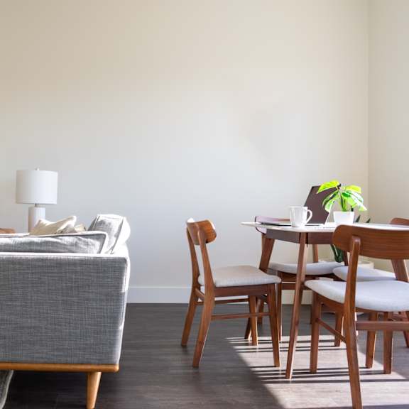 A grey sofa with a grey cushion and a white pillow is in front of a white wall.