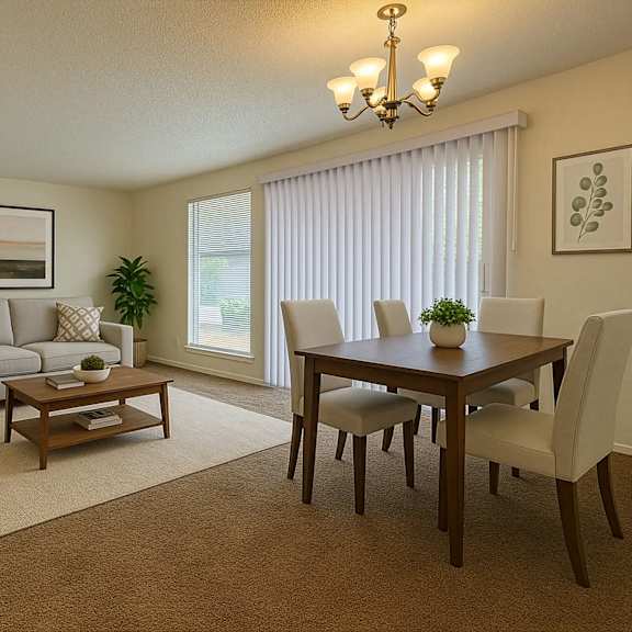 A well-lit living room with a grey couch, a wooden coffee table, and a dining table with chairs.