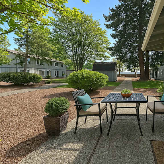 A patio with a table and chairs is shown.