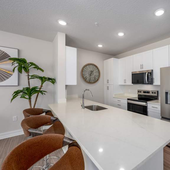 A kitchen with a white countertop and stainless steel appliances.