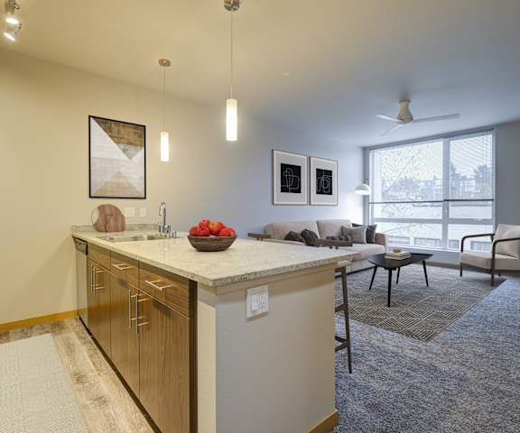 A kitchen with a counter top and a sink.