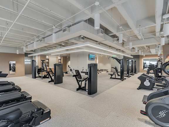A gym with treadmills, weights, and exercise equipment.
