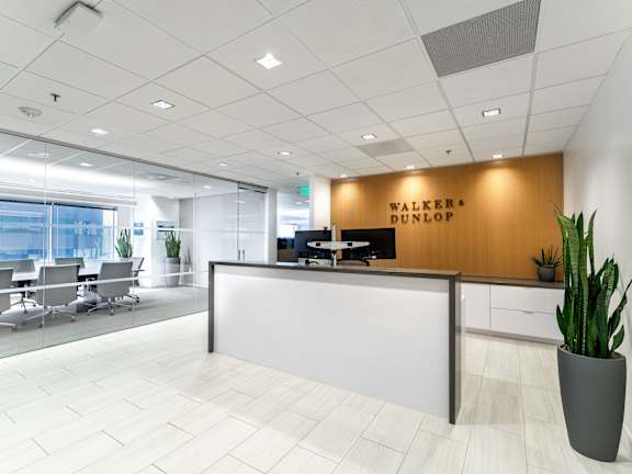 A reception area with a white reception desk and a cactus plant on the right.