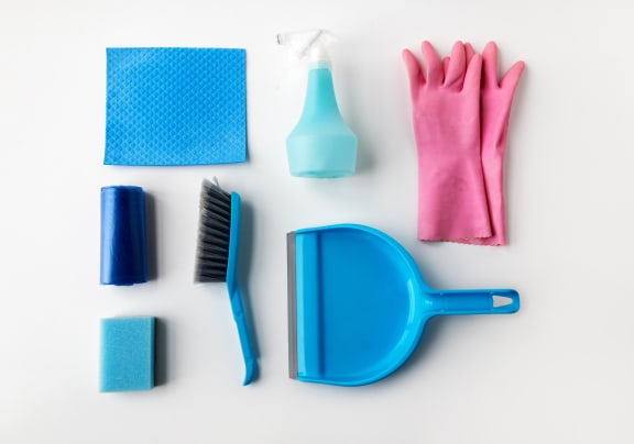 a collection of blue and pink cleaning supplies laid out on a white surface