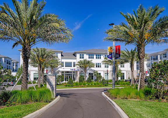 A white building with palm trees in front of it.