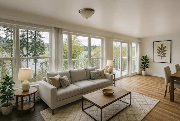 A living room with a couch, coffee table, and large windows.