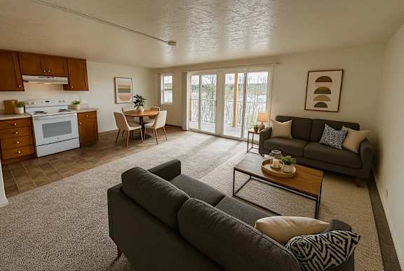 A living room with a grey couch and a dining table.