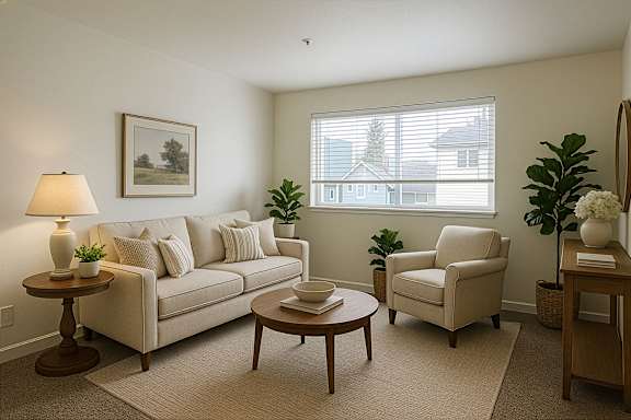 A living room with a couch, chair, and table.