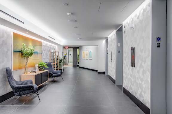 A long hallway with chairs and a plant on a table.