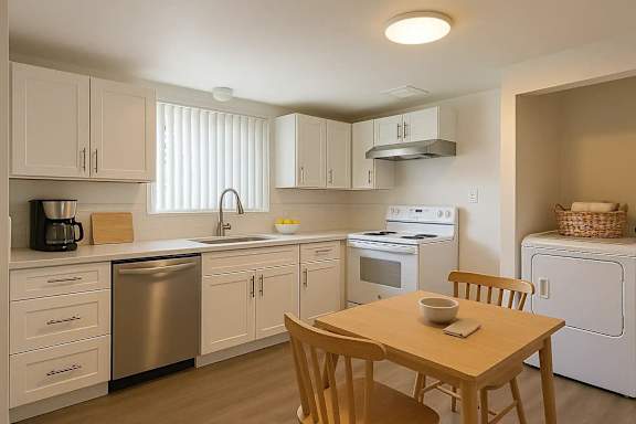 A kitchen with a table and chairs.