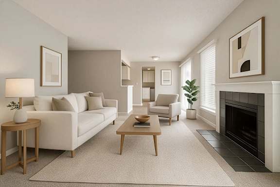 A living room with a white couch, a coffee table, and a fireplace.