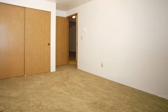 A room with a carpeted floor and two wooden doors.