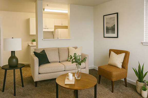 A living room with a couch, chair, and table.