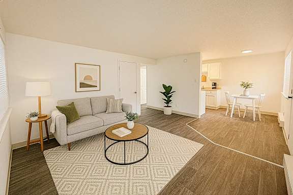 A living room with a grey couch, a coffee table, and a dining table with chairs.